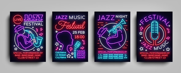 Jazz Festival posters Neon Collection. Neon sign, Neon style brochure, Design invitation template for Jazz music festival, Light Banner, Nightly advertisement of festival, party. Vector illustration