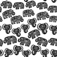 Beautiful seamless pattern Indian Elephant with ornaments. Hand drawn ethnic tribal decorated Elephant. black contour isolated on white endless background. Vector