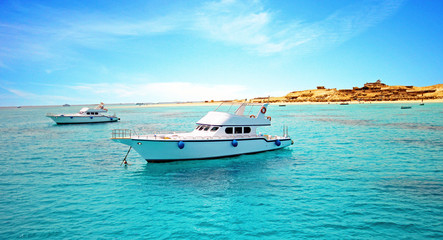 Tourist cruise boat with tourists in Red Sea - obrazy, fototapety, plakaty