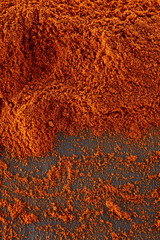 Top view on paprika or red hot chilli pepper powder texture background
