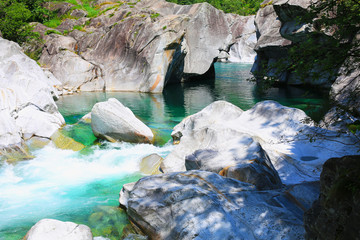 Beautiful flume of the River Verzasca in Tessin, Switzerland