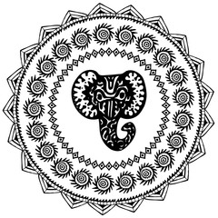 Beautiful card with Elephant Indian with ornaments. Round frame for your text. Hand drawn banner template with ethnic Elephant head. Black contour isolated on white background. Vector