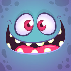 Excited cartoon monster face. Vector Halloween blue  monster with wide mouth smiling. Design for print, children book, party decoration or logo
