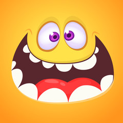 Cool crazy cartoon monster face. Vector Halloween orange monster with wide mouth smiling.