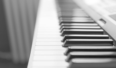 Black and white piano keyboard keys side view