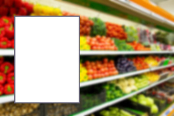 Fresh organic Vegetables and fruits on shelf in supermarket, farmers market. Blank standing sign...