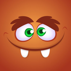 Funny cartoon monster face. Vector Halloween illustration of brown goblin or troll monster 
