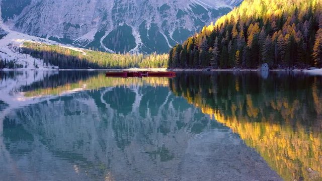 Lake Lago Di Braies In Dolomites, Italy Alps at autumn
