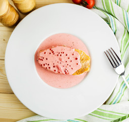 baked salmon steak with pink sauce with caviar - 193102095