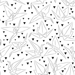 Japanese Origami white paper cranes set sketch seamless pattern, symbol of happiness, luck and longevity, black on white background for site, blog, fabric. Vector