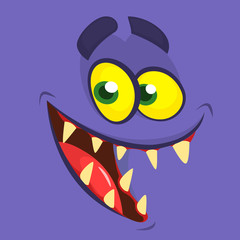 Funny cartoon monster face. Vector Halloween blue  monster or dragon with wide mouth smiling.