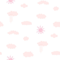 Hand drawn seamless vector pattern with pink sun and rain falling from a cloud, on a white background. Design concept for spring, summer, kids textile print, wallpaper, wrapping paper.
