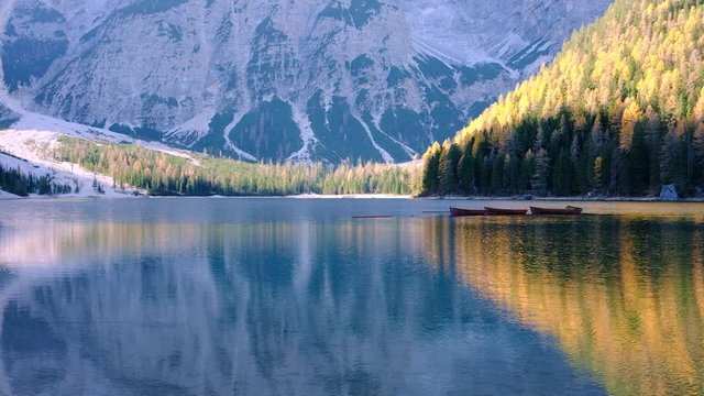 Lake Lago Di Braies In Dolomites, Italy Alps at autumn