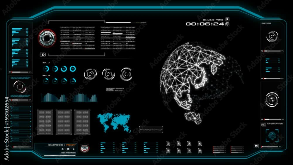 Poster 4k animation of user interface hud globe world spinning on dark background for cyber futuristic conc