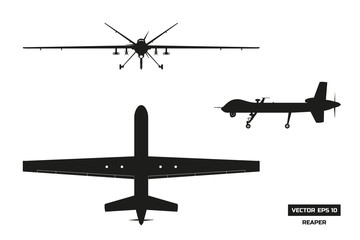 Black silhouette of military drone. Top, front and side view. Army aircraft for intelligence and attack. Industrial isolated drawing - obrazy, fototapety, plakaty