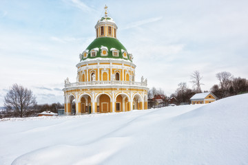 Baroque style church of the Nativity of the Virgin in Podmoklovo (XVIII century) in winter day, Moscow region, Russia