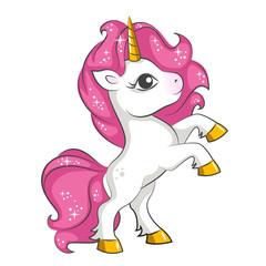 Cute little pink  magical unicorn. Vector design on white background. Print for t-shirt. Romantic hand drawing illustration for children. - 193103819