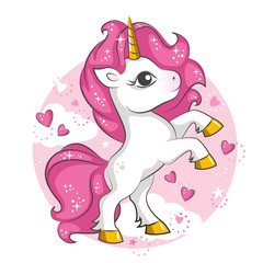 Cute little pink  magical unicorn. Vector design on white background. Print for t-shirt. Romantic hand drawing illustration for children. - 193103832