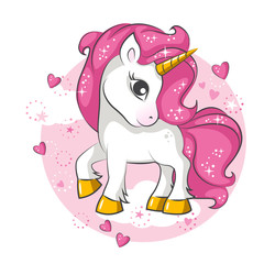 Cute little pink  magical unicorn. Vector design on white background. Print for t-shirt. Romantic hand drawing illustration for children.