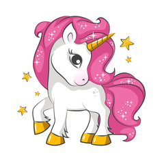 Cute little pink  magical unicorn. Vector design on white background. Print for t-shirt. Romantic hand drawing illustration for children. - 193103850