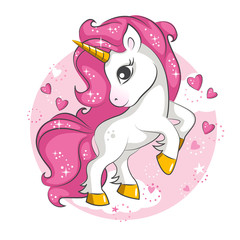 Fototapety  Cute little pink  magical unicorn. Vector design on white background. Print for t-shirt. Romantic hand drawing illustration for children.