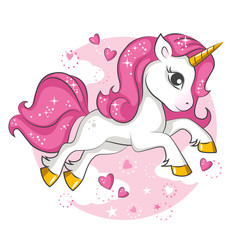 Cute little pink  magical unicorn. Vector design on white background. Print for t-shirt. Romantic hand drawing illustration for children. - 193103881