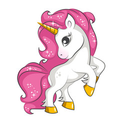 Cute little pink  magical unicorn. Vector design on white background. Print for t-shirt. Romantic hand drawing illustration for children.