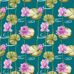Obraz premium Watercolor pink lotus seamless pattern, hand painted on a dark green background