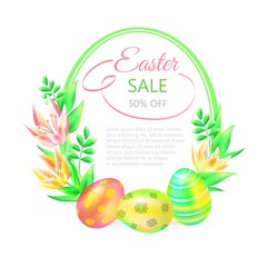 Festive 3d vector ground. Easter sale. Easter eggs and flower in white background. Frame and space for text. Design for paschal banner, greeting card, ad, promotion, poster, flier, blog, social media.