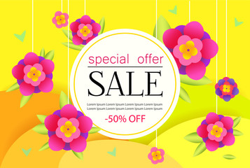 Sale Banner with flowers. Big Sale special offer Poster. For website, online market, store.
