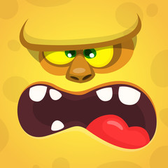 Cool Cartoon Yellow Monster Face With big mouth. Vector Halloween illustration of scary zombie monster character talking