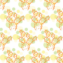 Hand drawn cactus and bubbles vector pattern in green, yellow and orange color palette on a white background