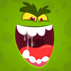 Angry vector cartoon monster face. Vector Halloween green zombie monster screams