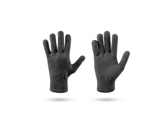 Blank black knitted winter gloves mock up set, front and back side view. Clear ski or snowboard...