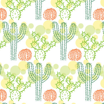 Hand drawn cactus and bubbles vector pattern in green, yellow and orange color palette