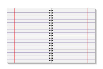 Blank open pages book with binder metal spiral template. A sheet of paper in line. Notebook mock up isolated on white background. Vector