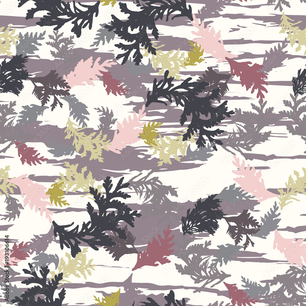 Poster botanical vector seamless pattern with thuja branches and twigs and abstrac brush stokes background.