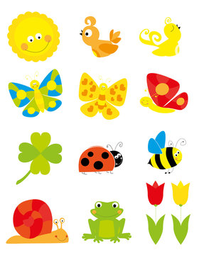 set of cute cartoon nature objects: flowers, birds, flying butterflies, bee  /collection of spring vectors for children 