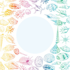 Summer concept with Unique museum collection of sea shells rare endangered species, molluscs rainbow contour on white background. Circle wreath card banner design with space for text. Vector