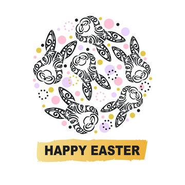 Circle concept with Bunny head. Vector design element for Happy Easter Day, party invitation, greeting card, web, postcard, girl or boy birthday, tattoo studio. Rabbit head stylized Maori face tattoo.