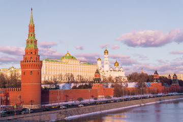 Sunset over the Moscow Kremlin and river in Russia