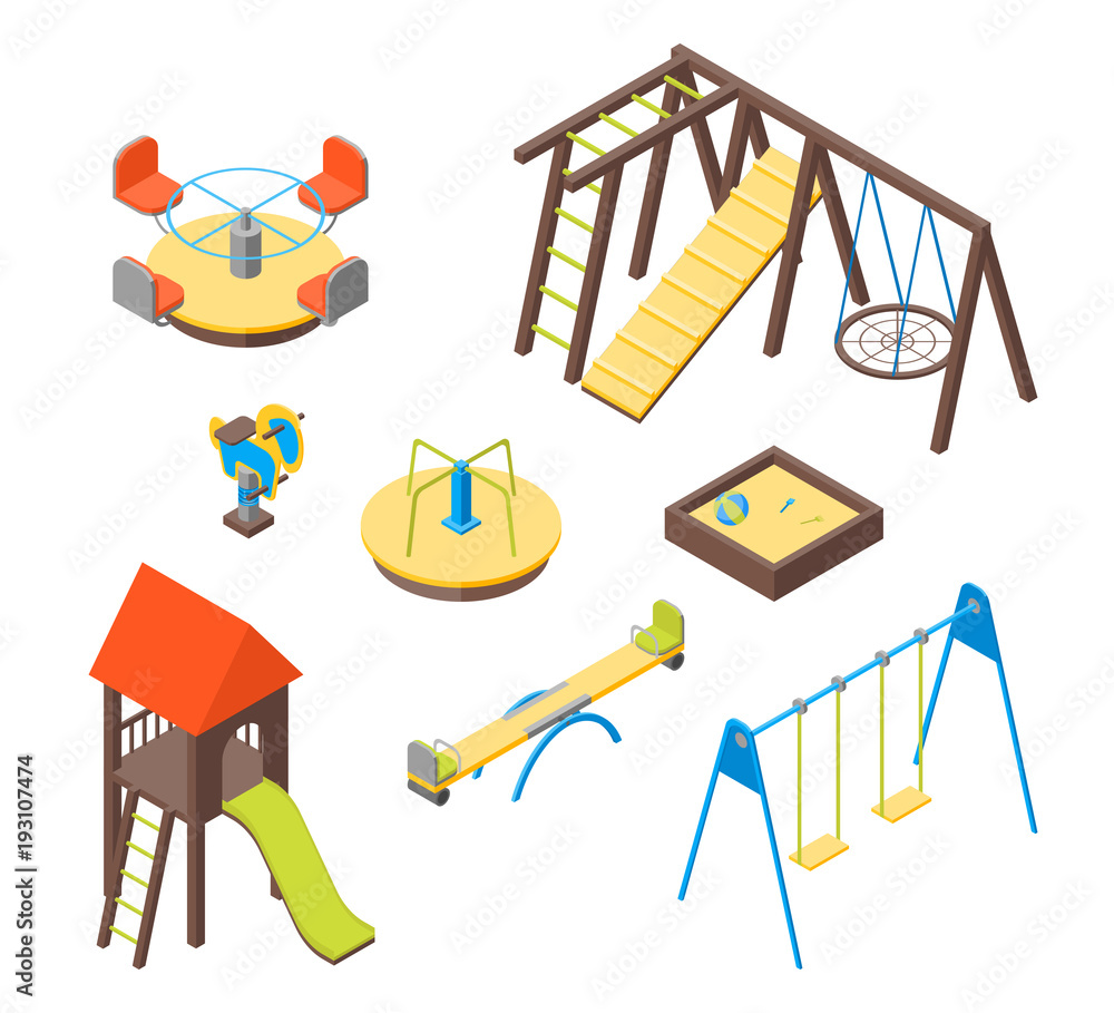 Aufkleber kid playground elements 3d icons set isometric view. vector