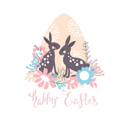 Easter background with rabbits and flowers