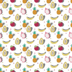 Vector seamless pattern of Fruits. Summer mood. Pineapple, papaya, mangostin, pitaya, banana.