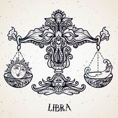 Zodiac sign of Libra or Scales. Line art vector illustration of engraved horoscope symbol. Doodle mystic drawing and hand drawn astrology sketch with calligraphy lettering