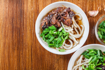 Japanese Udon noodles with beef, green onion and soup