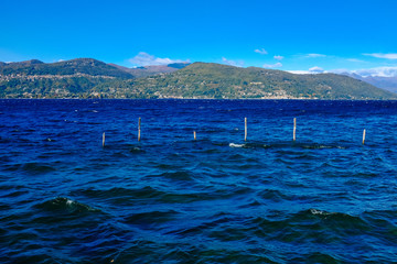 view of Lake Maggiore the second largest lake in Italy, windy day with waves