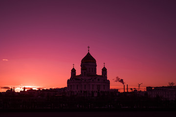 Sunset over the Moscow River And Orthodox Cathedral of Christ the Saviour in Russia