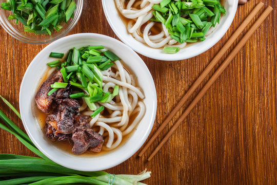 Japanese Udon noodles with beef, green onion and soup