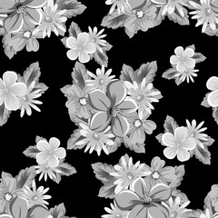 abstract seamless pattern of flowers on black background. for card designs, greeting cards, birthday invitations, Valentine's day, party, holiday.